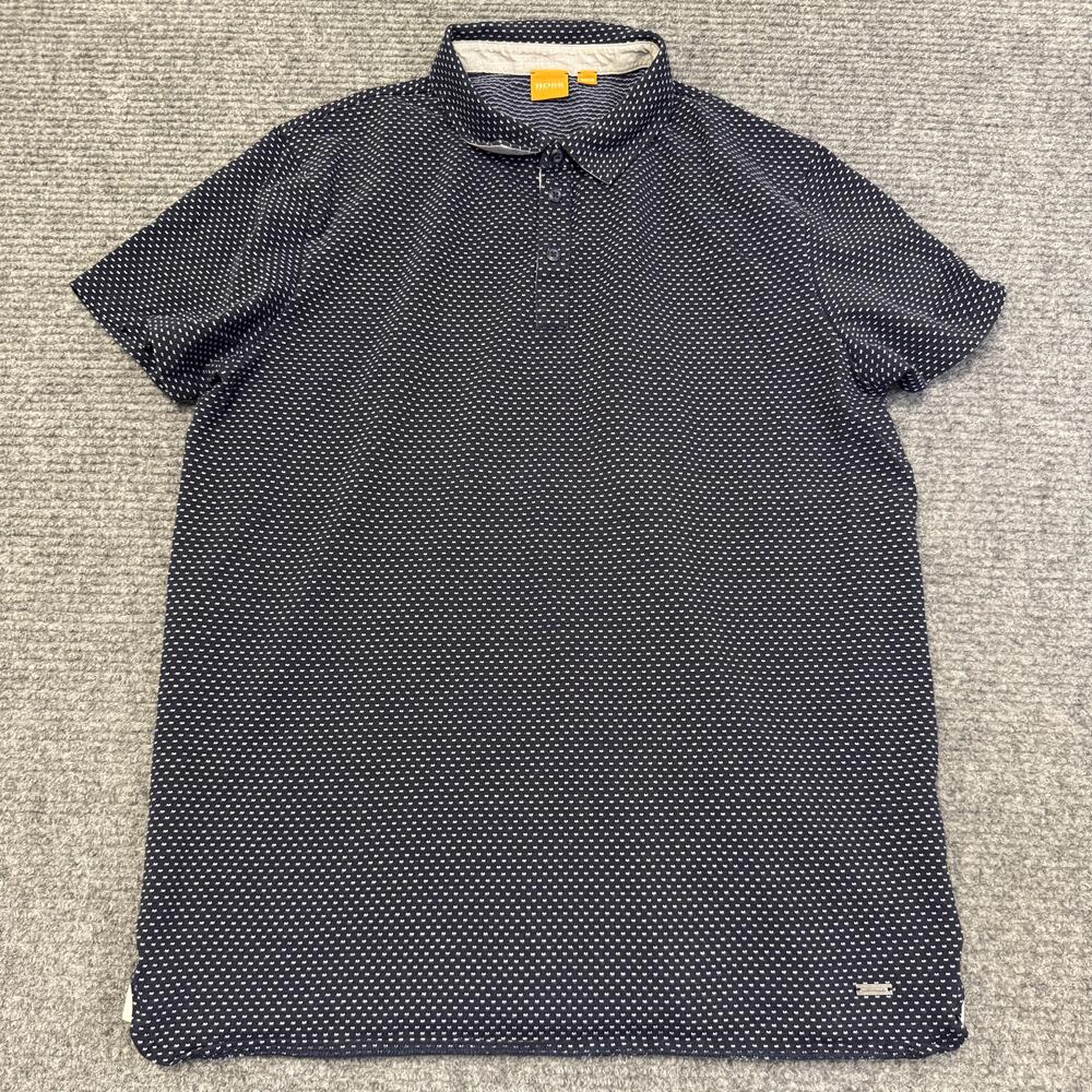 Hugo Boss Polo Shirt Mens 2XL Blue Geometric Cotton Knit BOSS Orange Casual